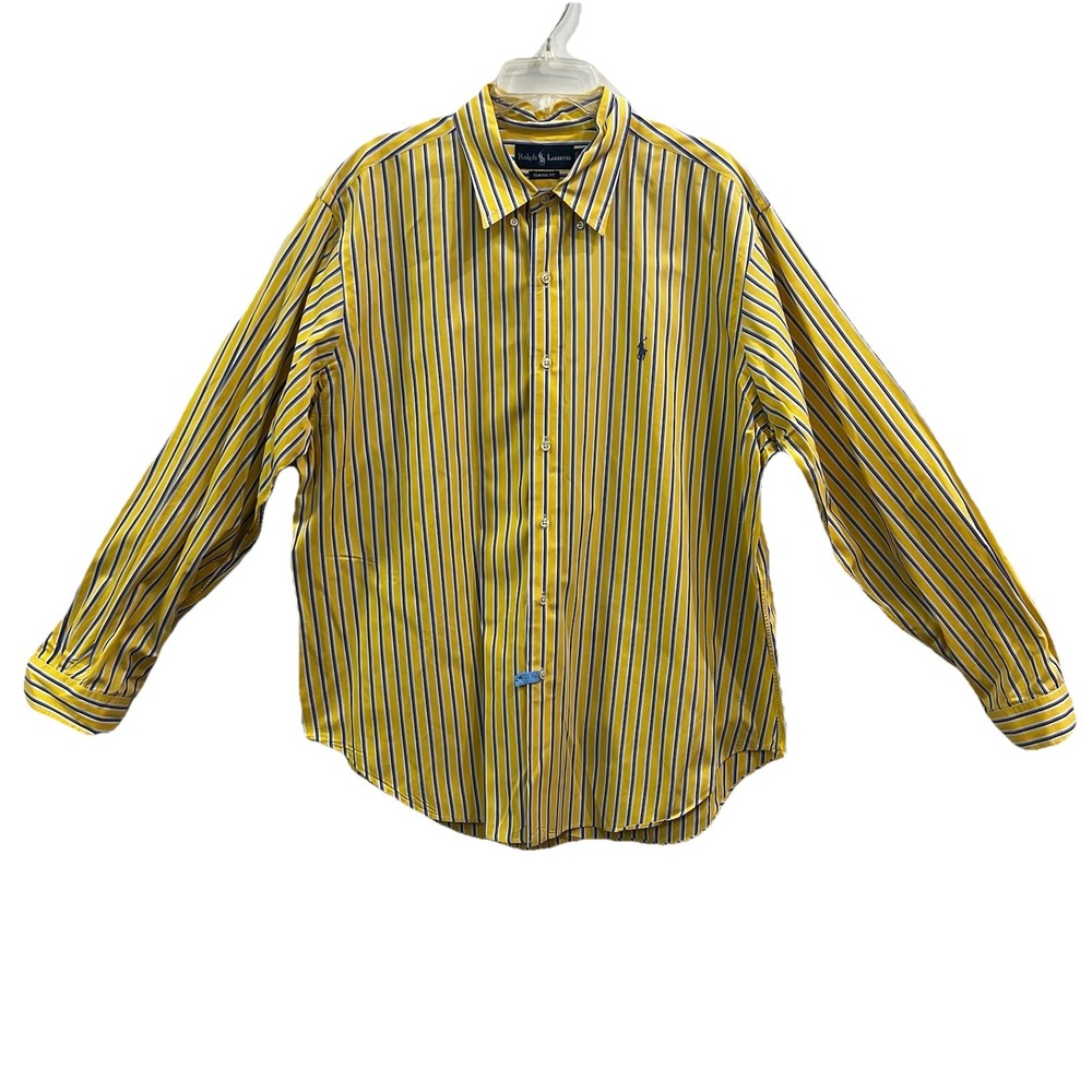 Ralph Lauren Button Down Men's 2XL Yellow Striped‎ Preppy Casual Long Sleeve